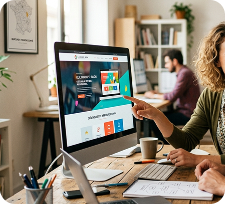 Création de site web Dijon - Collaboration entre Clic Concept et un client dans un bureau lumineux.